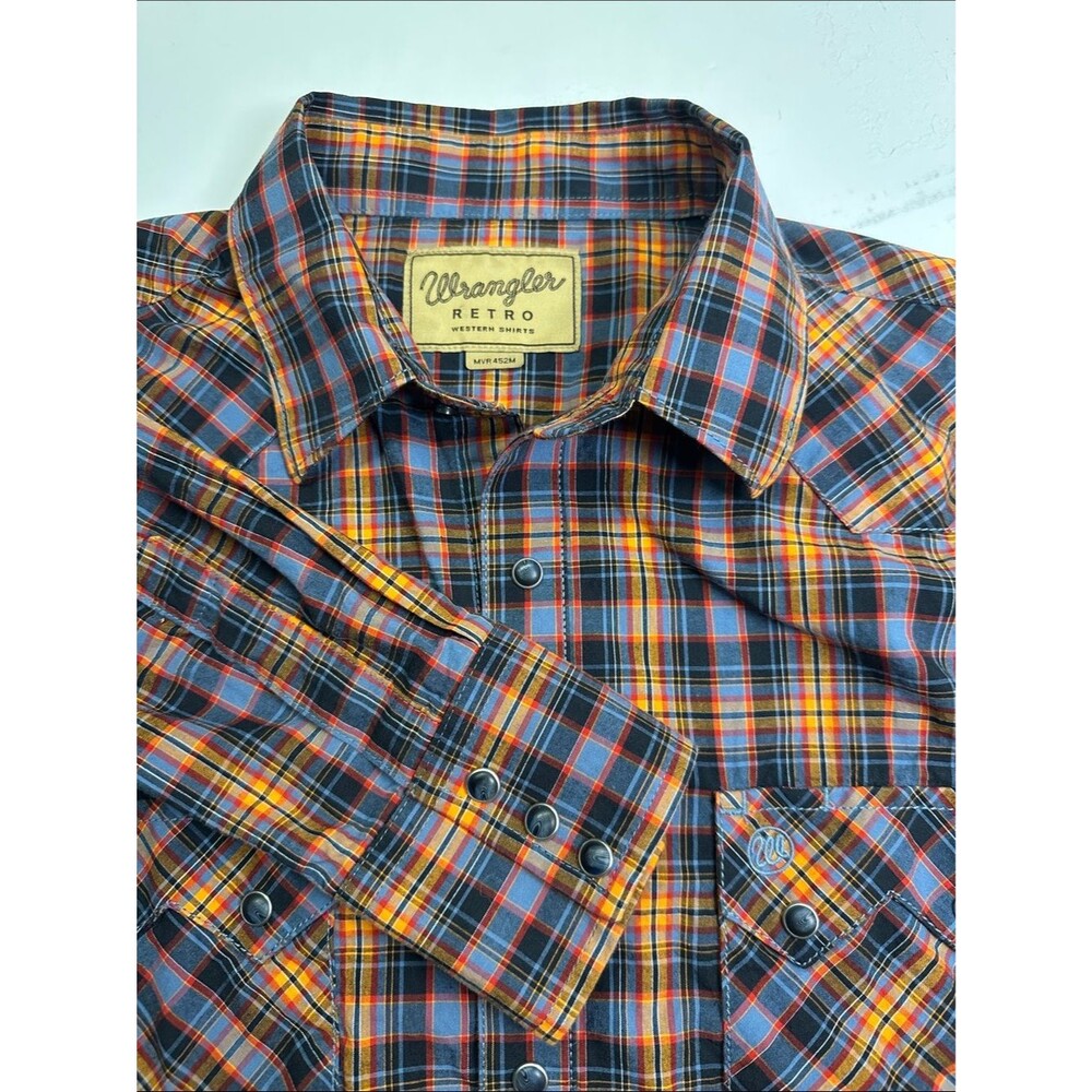 Wrangler Retro Western Long Sleeve Pearl Snap Shirt, Orange Black Blue Plaid L